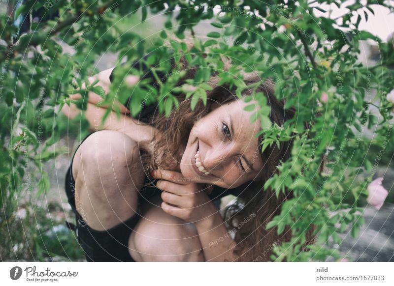 portrait Human being Feminine Young woman Youth (Young adults) Head Face Knee 1 18 - 30 years Adults Nature Plant Summer Garden Park Brunette Curl Kneel Smiling