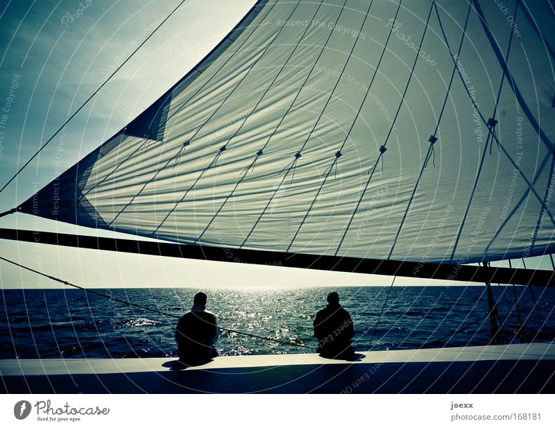 silence Lifestyle Senses Relaxation Calm Vacation & Travel Freedom Sailing Human being Man Adults Couple Partner 2 Water Sky Horizon Sunlight Beautiful weather