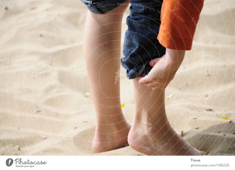 Child rolls up his pants on the beach Colour photo Multicoloured Exterior shot Close-up Copy Space left Day Leisure and hobbies Trip Legs feet 1 Human being