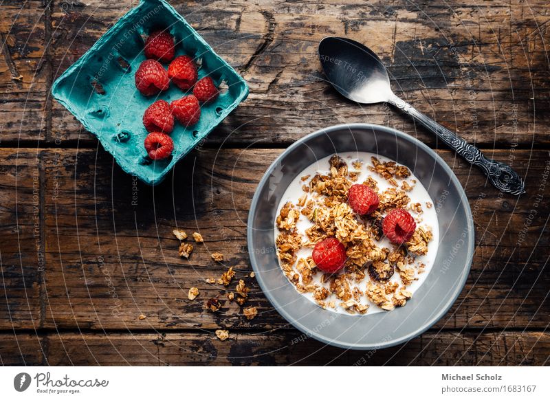 Breakfast Cereals Healthy Eating Table Cook Wood Diet Fitness To feed Feeding Delicious Food Hipster Milk Raspberry Dessert Spoon Colour photo Subdued colour