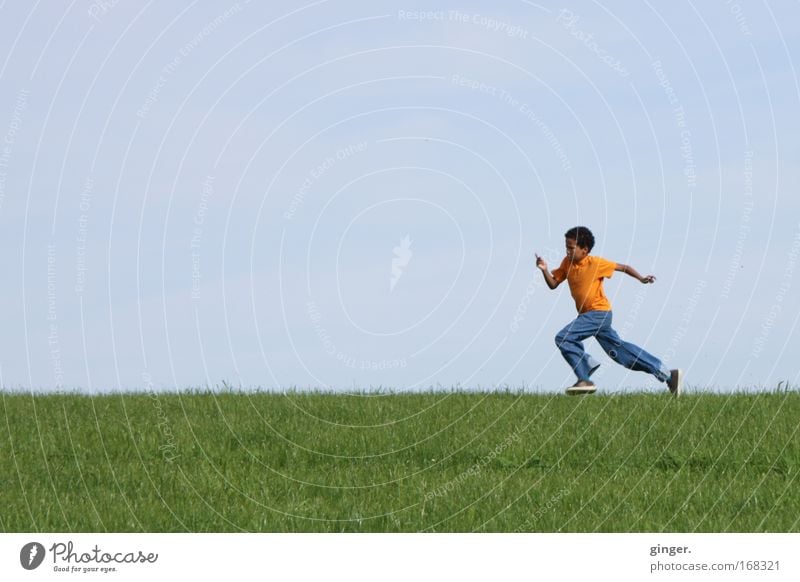 Take a running start (boy running across a meadow) Human being Masculine Child Boy (child) Youth (Young adults) 1 Environment Nature Landscape Plant Air Sky