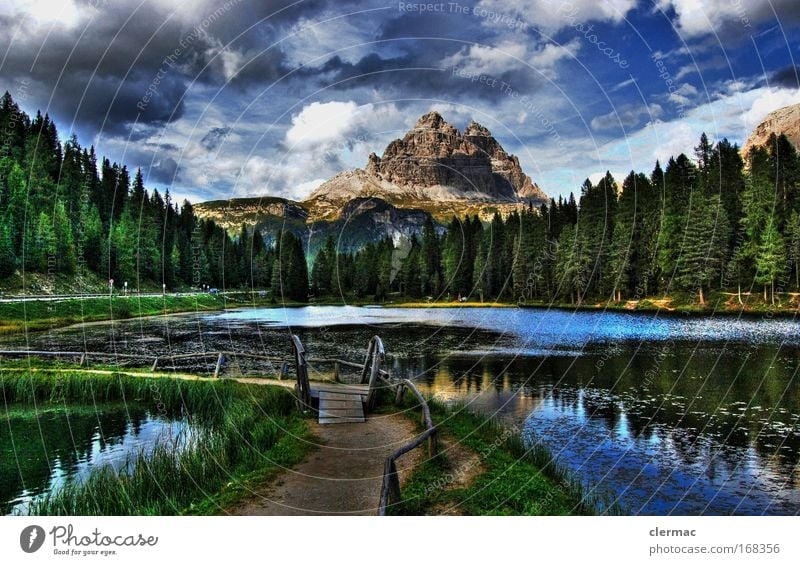 The footbridge Colour photo Exterior shot Panorama (View) Forward Environment Nature Landscape Water Sky Clouds Summer Forest Rock Alps Mountain Peak Idyll