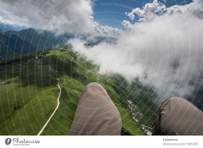 Airy ,aerial view while paragliding Leisure and hobbies Vacation & Travel Freedom Summer Mountain paraglide Thigh Landscape Sky Clouds Beautiful weather Meadow