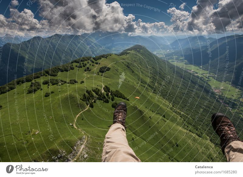 To the horizon; aerial view while paragliding Leisure and hobbies Vacation & Travel Summer Mountain Legs Landscape Air Sky Clouds Beautiful weather Meadow