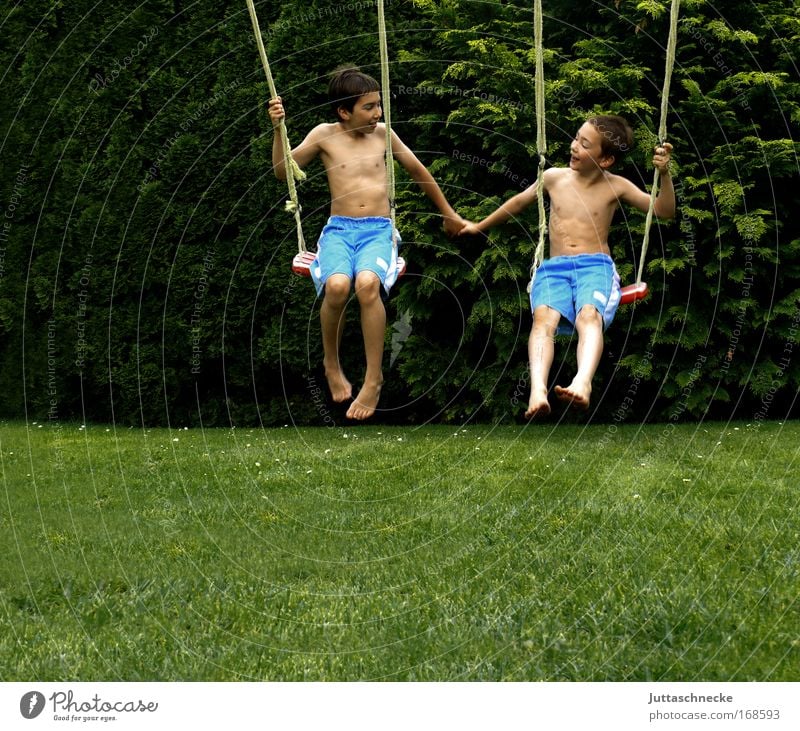 Brotherly.... Brothers and sisters Together Harmonious Joy Child Infancy Boy (child) lads Summer Garden Swing To swing Playground Playing Friendship