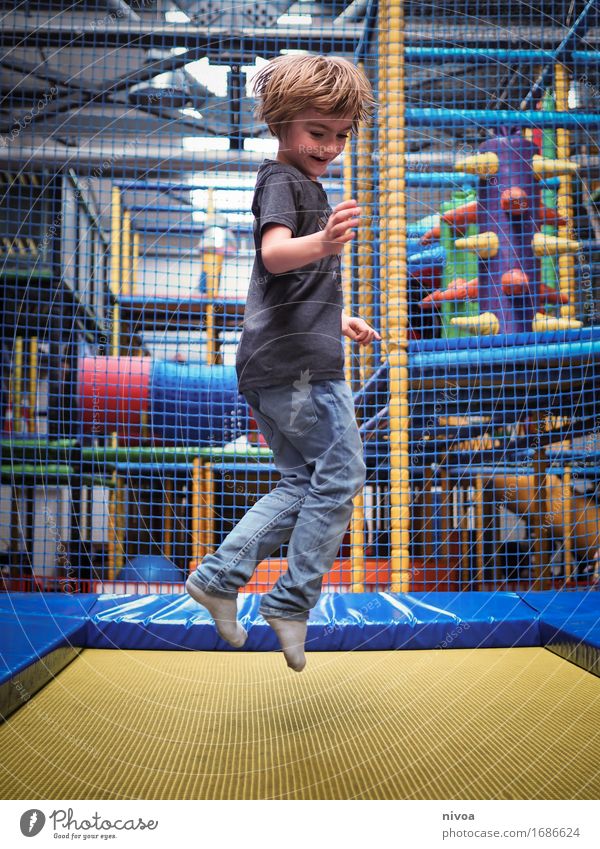 jump Sports Fitness Sports Training Trampoline Human being Masculine Child Boy (child) Infancy 1 3 - 8 years Playground climbing scaffold T-shirt Jeans
