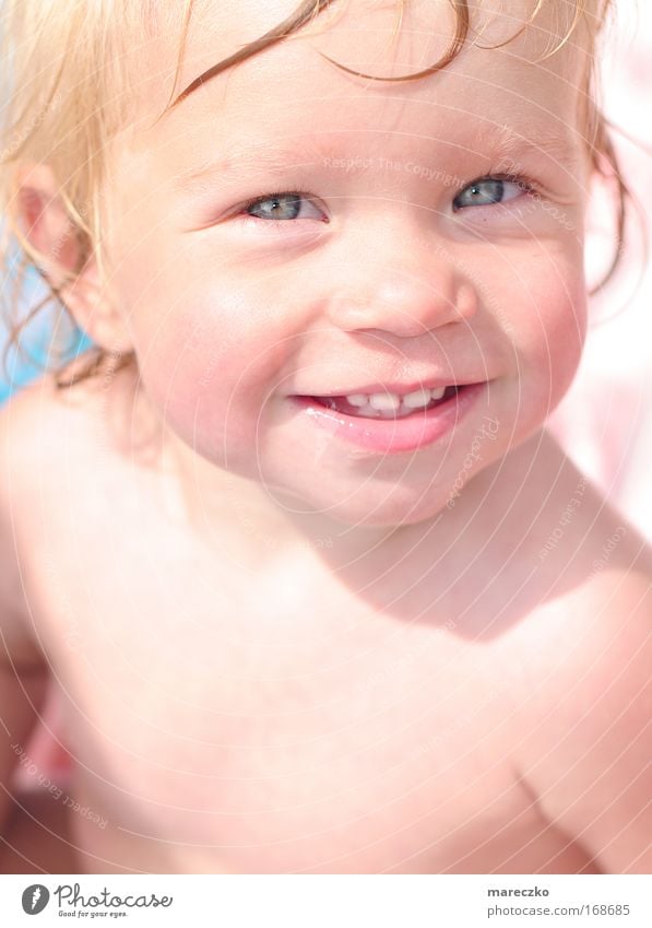 sunshine Colour photo Exterior shot Day Light Sunlight Portrait photograph Looking into the camera Child Toddler Summer Smiling Illuminate Blonde Friendliness