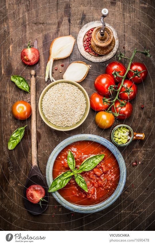 Quinoa with tomato sauce and fresh ingredients Food Vegetable Grain Herbs and spices Nutrition Lunch Buffet Brunch Organic produce Vegetarian diet Diet