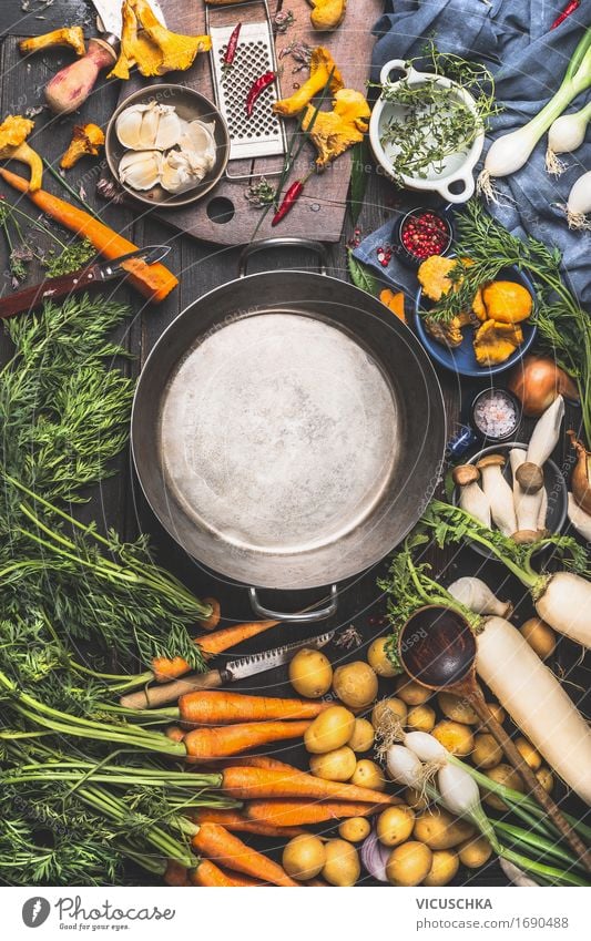 Empty saucepan and vegetable ingredients for cooking Food Vegetable Herbs and spices Cooking oil Nutrition Lunch Dinner Organic produce Vegetarian diet Diet