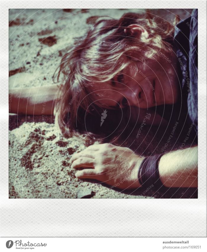 Tired Sandman Colour photo Multicoloured Exterior shot Close-up Polaroid Day Light Shadow Contrast Portrait photograph Downward Looking away Human being