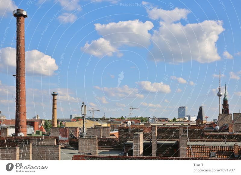 Sky over Berlin Prenzlauer Berg Television tower Town Capital city Downtown Old town Skyline Roof Chimney Antenna Loneliness Clouds Colour photo Exterior shot