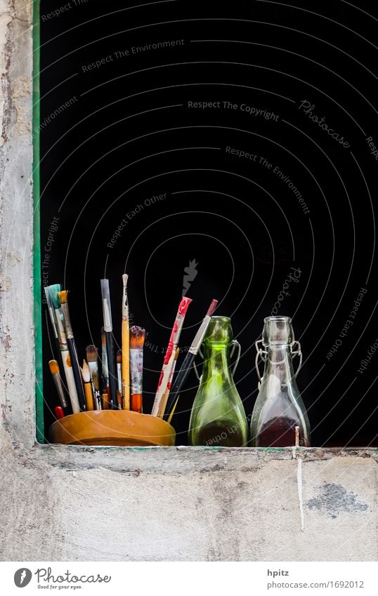 windowed Joy Decoration Art Painter Paintbrush Bottle Glass Observe Discover Relaxation To enjoy Looking Esthetic Happy Multicoloured Black Contentment Colour