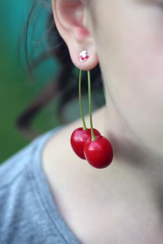 cherry season fruit Cherry Harvest Organic produce already Wellness Summer Garden Feminine girl Infancy Life Ear Nature Jewellery Earring brunette hang green