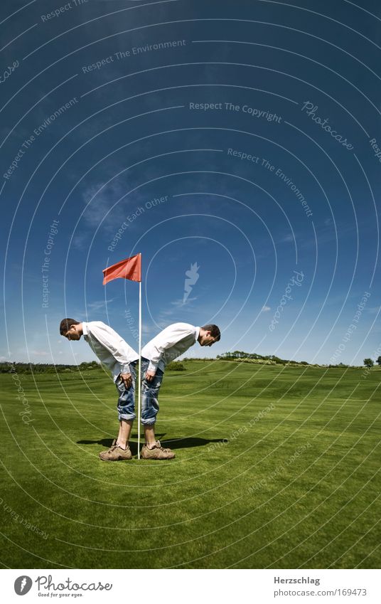 Double Hole in One Colour photo Experimental Copy Space top Long shot Ball sports Golf Golf course Masculine 1 Human being 2 Art Stage Sky Stand Study