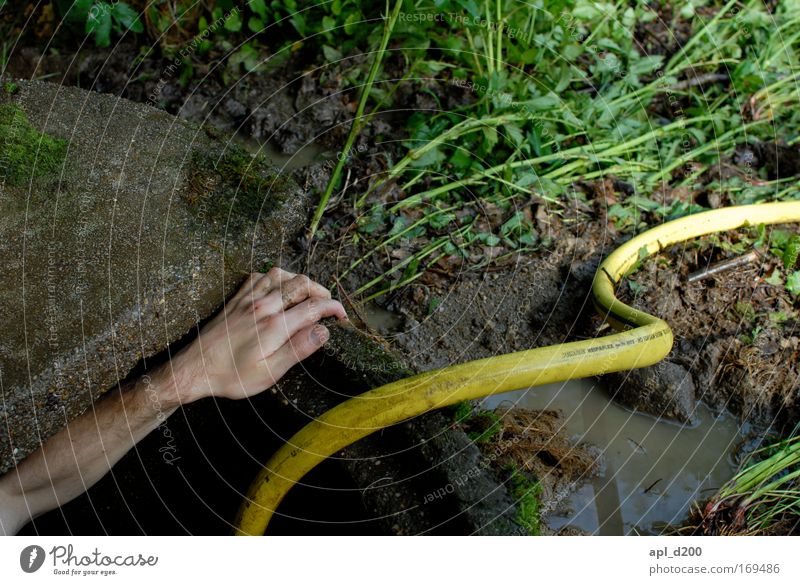 The thing from the depths Colour photo Exterior shot Day Shadow Upper body Human being Masculine Arm Hand 1 Environment Nature Water Spring Plant Grass Wait