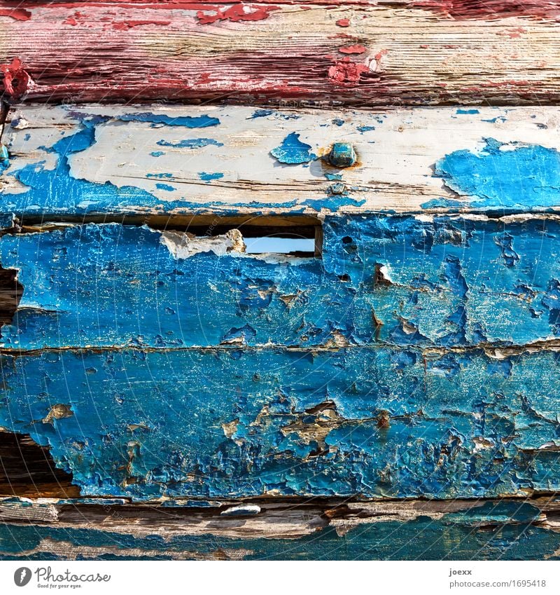 lacquer Fishing boat Wood Old Blue Red Decline Transience Change Weathered Varnish Colour Flake off Colour photo