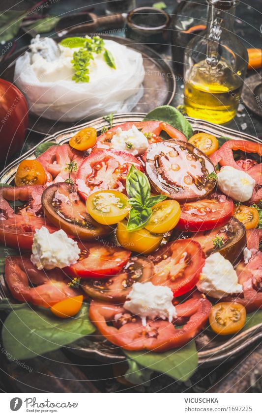Italian Tomato Mozzarella Salad Food Vegetable Lettuce Herbs and spices Cooking oil Nutrition Lunch Dinner Banquet Organic produce Vegetarian diet Diet