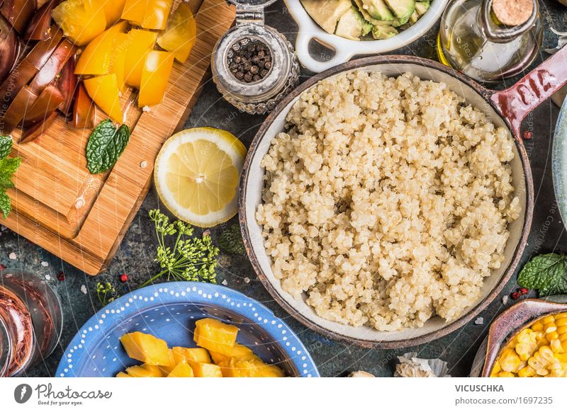 Cooked quinoa in old pot and vegetarian ingredients Food Vegetable Fruit Grain Herbs and spices Cooking oil Nutrition Lunch Dinner Buffet Brunch Organic produce