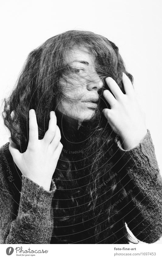 Portrait View Woman Girl Hair and hairstyles Long-haired Sweater Fashion Lifestyle Mysterious Looking Looking into the camera Hand Emotions Eyes Identity