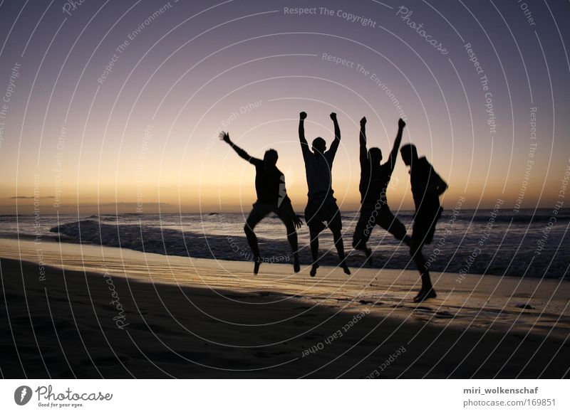 jump Colour photo Exterior shot Twilight Human being Friendship 4 18 - 30 years Youth (Young adults) Adults Sunrise Sunset Beach Ocean Island Jump