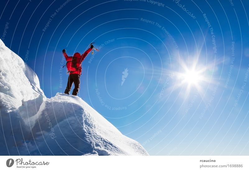 Mountaineer celebrates the conquest of the summit. Joy Vacation & Travel Adventure Freedom Expedition Sun Winter Sports Climbing Mountaineering Success