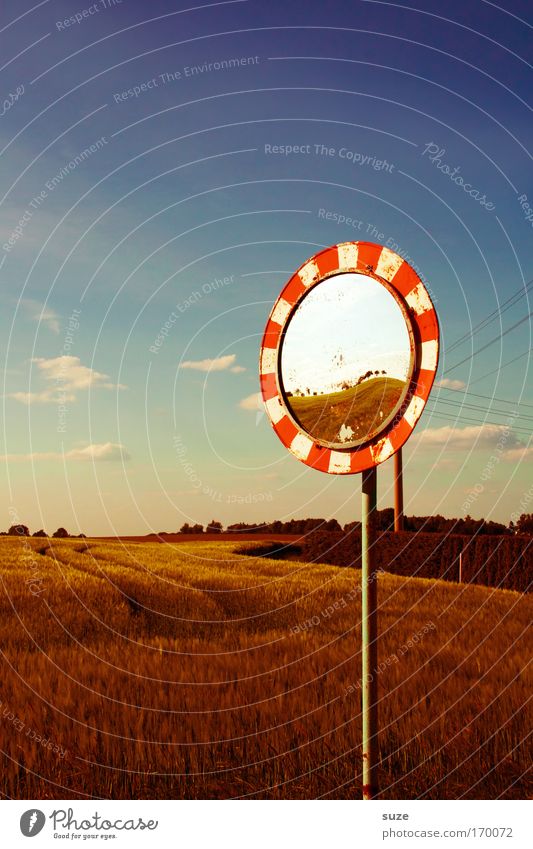 mirror image Environment Nature Landscape Sky Clouds Horizon Summer Climate Beautiful weather Agricultural crop Grain Field Transport Road sign Mirror