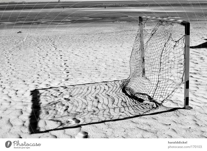 goal Black & white photo Exterior shot Deserted Evening Shadow Contrast Beach Ocean Sports Sporting Complex Football pitch Environment Nature Sand Coast White