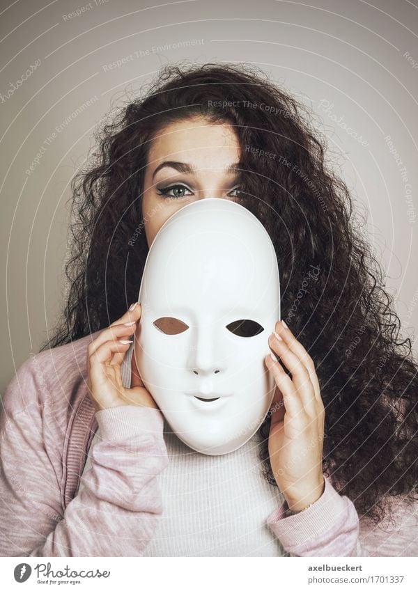 young woman with mask Human being Feminine Young woman Youth (Young adults) Woman Adults 1 18 - 30 years Stage play Black-haired Long-haired Curl Emotions