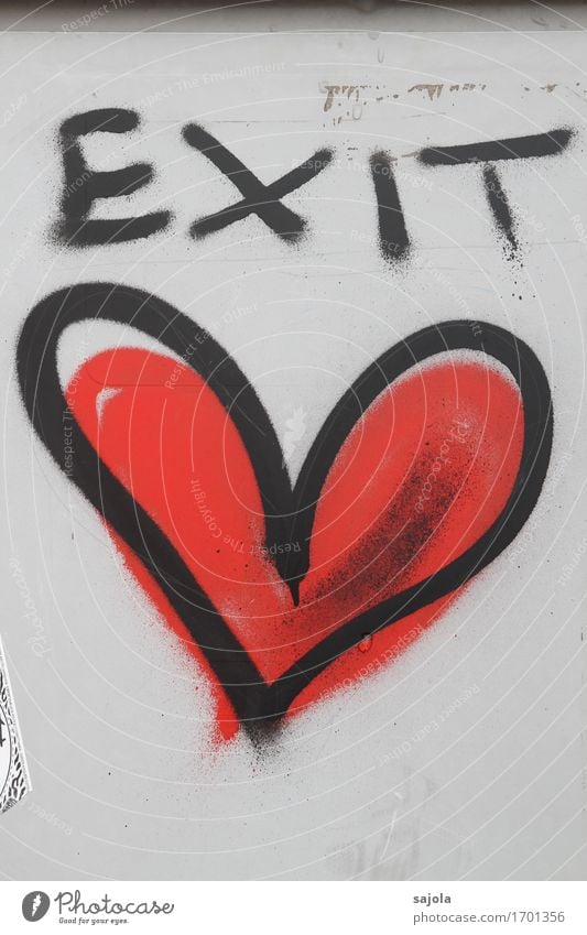 EXIT <3 Art Graffiti Wall (barrier) Wall (building) Sign Characters Heart Red Black Love Infatuation Lovesickness Emotions exit Exit route Heart-shaped sprayed