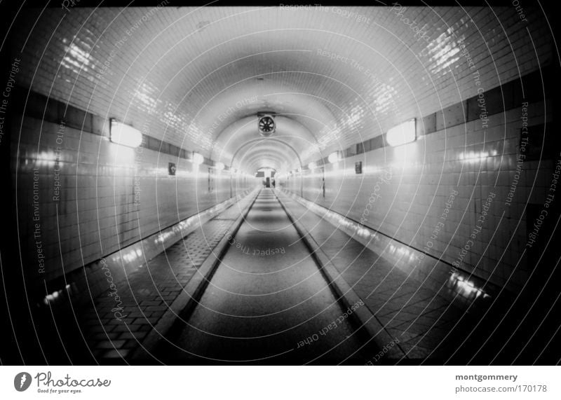old Elbe tunnel Hamburg Black & white photo Interior shot Underwater photo Lomography Holga Deserted Artificial light Contrast Reflection Central perspective
