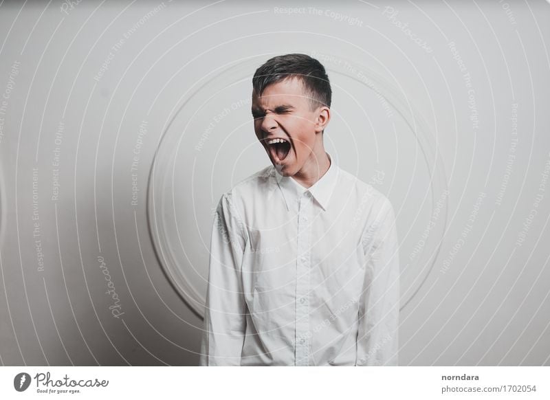 Screaming boy Young man Youth (Young adults) 1 Human being Shirt Black-haired Aggression Broken Crazy Wild Anger White Emotions Might Disappointment Loneliness