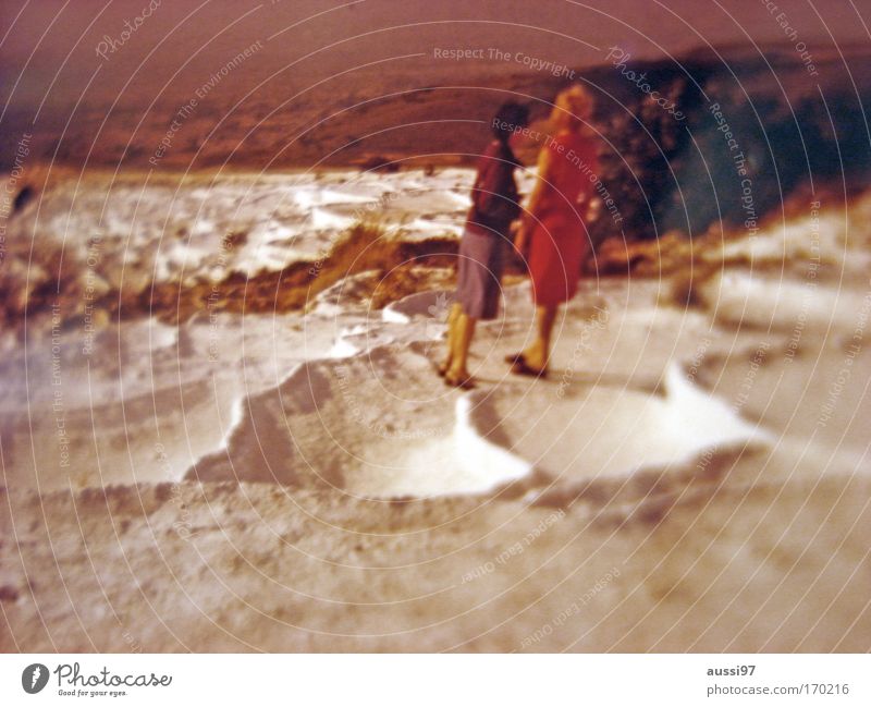 outland Colour photo Exterior shot Copy Space bottom Blur Full-length Looking away Human being Woman Adults Couple 2 Sand Climate change Warmth Drought Desert