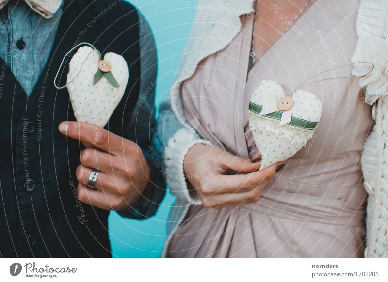 Two textile hearts in hands Joy Valentine's Day Wedding Family & Relations Couple Partner Life Hand Fingers 2 Human being Toys Heart Turquoise Happiness
