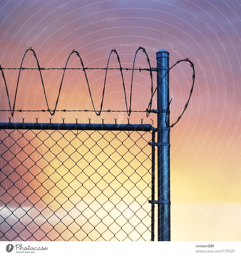 Jail idyll. Metal Threat Captured Penitentiary Barbed wire fence Alcatraz Sunset Diffuse Sky Freedom Rehabilitate Guantanamo Shackled Grating Loneliness Army