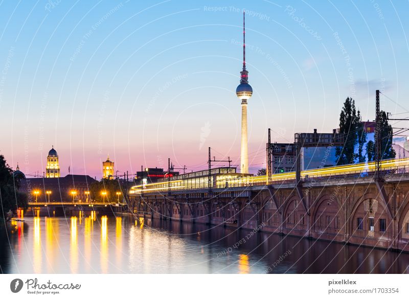 Berlin at night Vacation & Travel Tourism City trip Water Sunrise Sunset River bank Spree Germany Town Capital city Downtown Deserted Bridge Tower