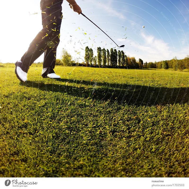 Golfer performs a golf shot from the fairway Relaxation Leisure and hobbies Playing Vacation & Travel Tourism Summer Club Disco Sports Human being Man Adults