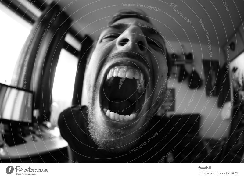 primal cry Black & white photo Interior shot Day Contrast Shallow depth of field Fisheye Portrait photograph Closed eyes University & College student Masculine