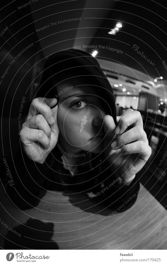 game of hide-and-seek Black & white photo Interior shot Shallow depth of field Fisheye Looking Looking into the camera Human being Feminine Young woman