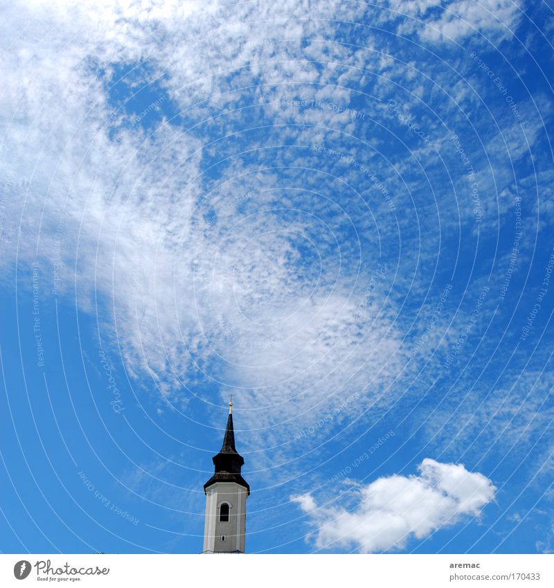 cloud cuckoo home Colour photo Exterior shot Copy Space left Copy Space right Copy Space top Copy Space middle Day Sky Clouds Village Church Roof Crucifix White