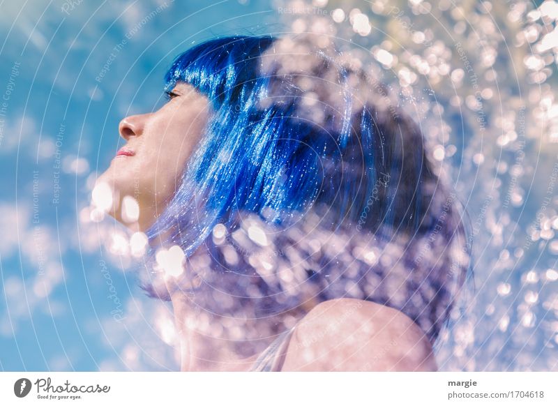 Blue Lady: young woman with blue hair looks up into the sky and sees light pretty Face Healthy Vacation & Travel Summer Summer vacation Sun Sunbathing