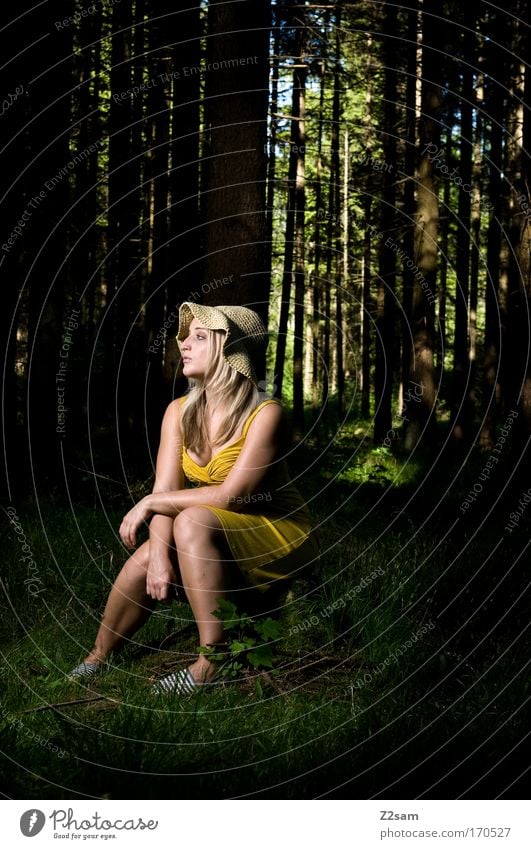 alone in the dark Colour photo Exterior shot Flash photo Looking away Human being Feminine Young woman Youth (Young adults) 18 - 30 years Adults Nature Forest