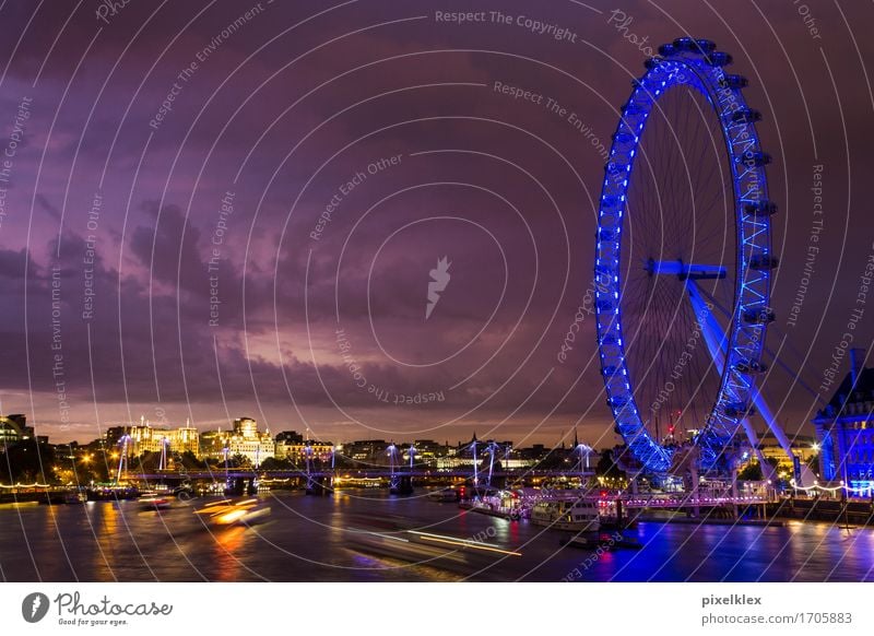 London Eye on the Thames Vacation & Travel Tourism Trip Sightseeing City trip Night life Water Sky Clouds Night sky Horizon Sunrise Sunset River Themse