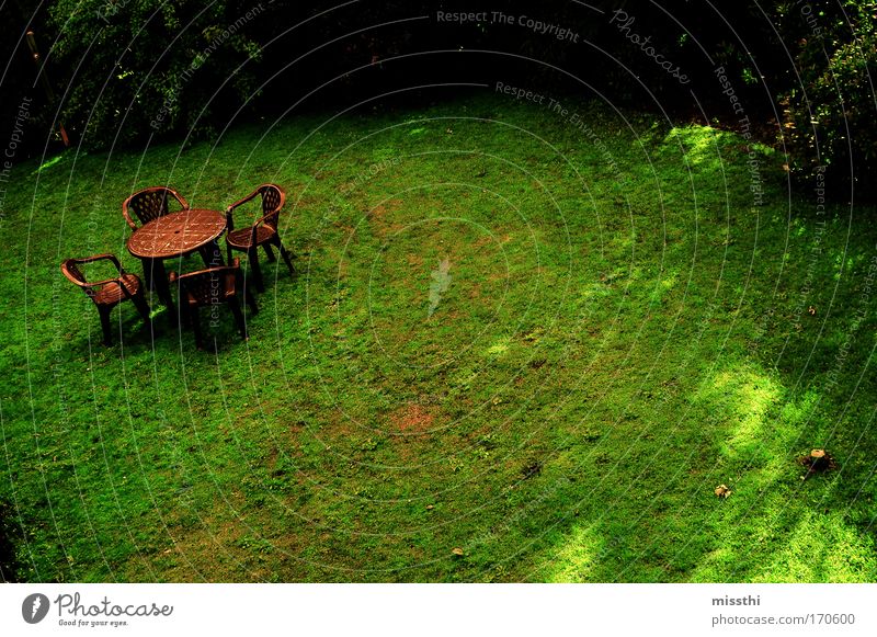 Green. Brown. Colour photo Exterior shot Deserted Day Sunbeam Bird's-eye view Wide angle Chair Garden chair Nature Summer Grass Meadow Loneliness Calm Gloomy