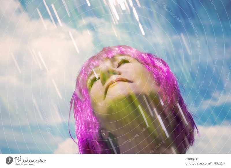Summer rain on a young woman with purple hair Vacation & Travel Sunbathing Human being Feminine Young woman Youth (Young adults) Woman Adults Face 1