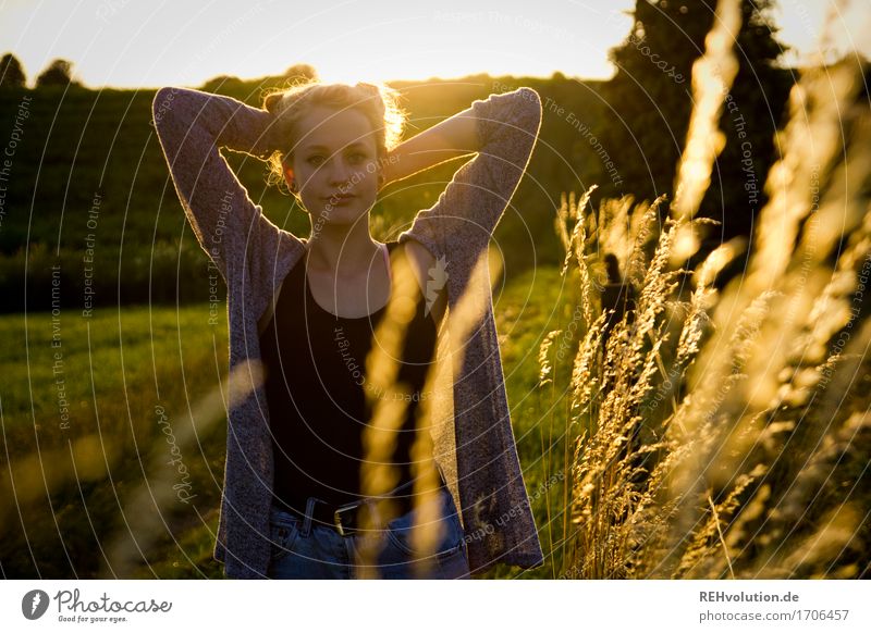 Alexa lights up. Feminine Young woman Youth (Young adults) 1 Human being 13 - 18 years Environment Nature Landscape Sunrise Sunset Sunlight Grass Meadow Field