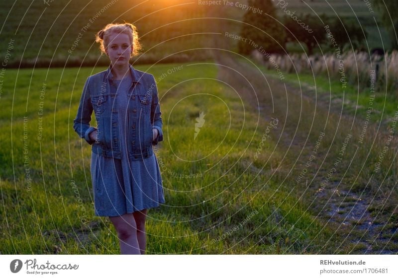 Alexa in the evening light. Trip Human being Feminine Young woman Youth (Young adults) 1 18 - 30 years Adults Environment Nature Landscape Grass Meadow Field