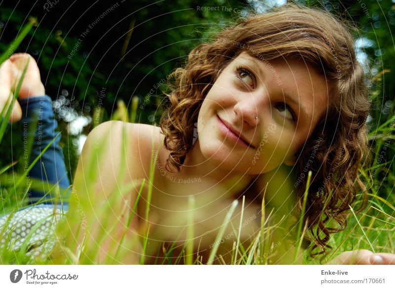 HannnaH Colour photo Multicoloured Exterior shot Copy Space left Copy Space top Day Worm's-eye view Central perspective Upward Looking away Hair and hairstyles
