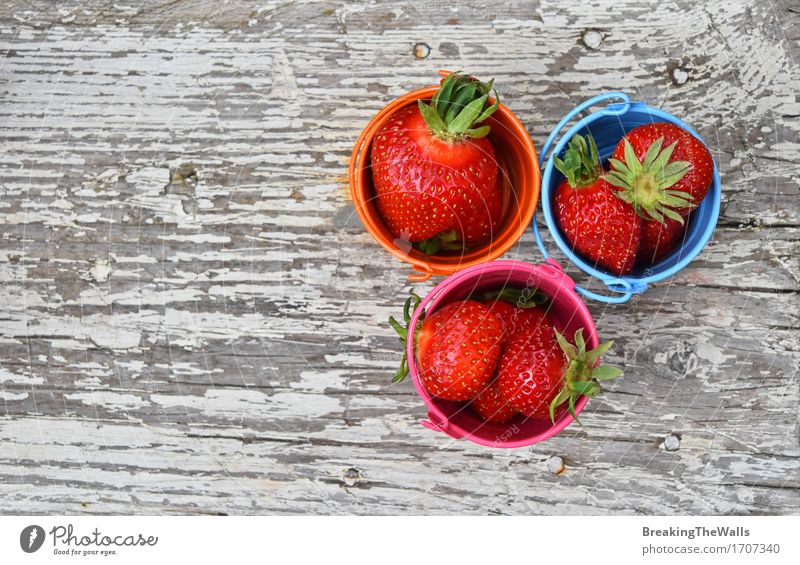 Three small buckets of strawberry on old vintage wood Food Fruit Vegetarian diet Lifestyle Healthy Eating Summer Table Agriculture Forestry Wood Metal Fresh