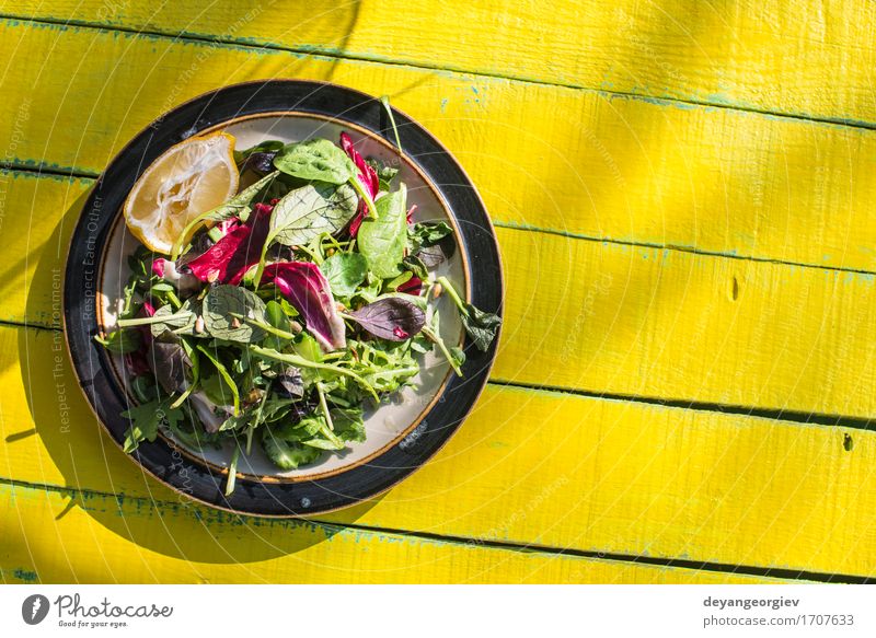 Spring salad of baby spinach, herbs, arugula and lettuce Vegetable Herbs and spices Eating Vegetarian diet Diet Plate Summer Garden Leaf Wood Fresh Green White