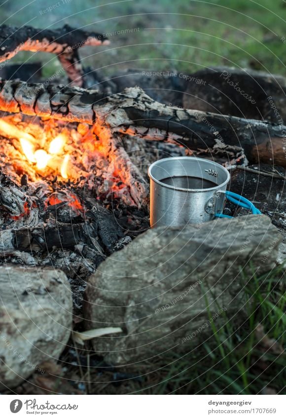 Making coffee on campfire Coffee Tea Pot Vacation & Travel Adventure Camping Summer Nature Forest Metal Steel Old Make Hot Natural Black Fireplace cooking smoke